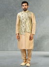 Sea Green Colour Latest Party Wear Jacquard Banarasi Silk Digital Print Kurta Pajama With Jacket Mens Collection 1045